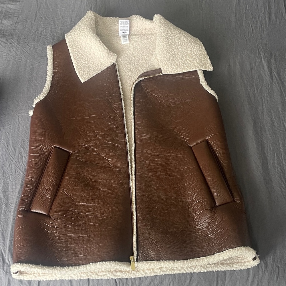 Brown Faux Leather Vest with Cream Lining